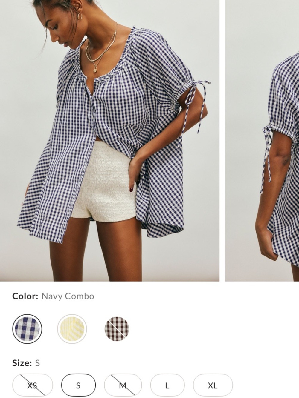 Free People Navy Combo Gingham Peasant Top